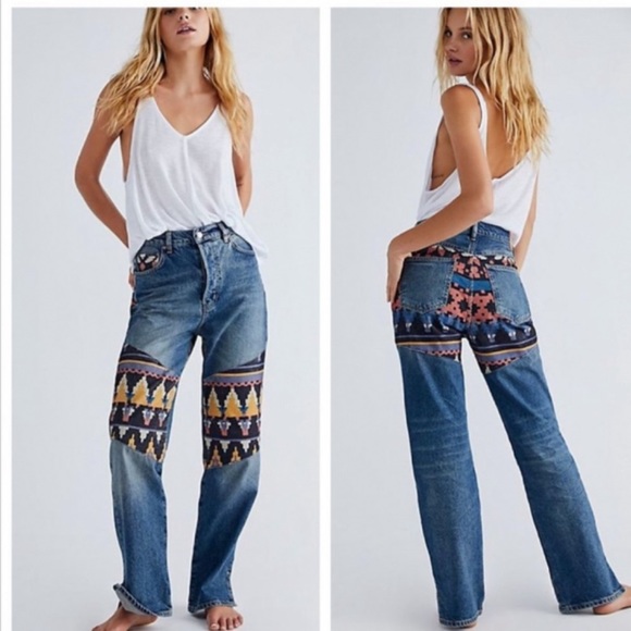 Free People Denim - FREE PEOPLE Rocky Mountain Patchwork Jeans Sz 24 Button Fly Slit Leg Boho